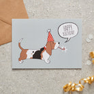 Basset Hound birthday card with illustrated dog design — blank inside, FSC-certified, designed and made in England by Sweet William Designs