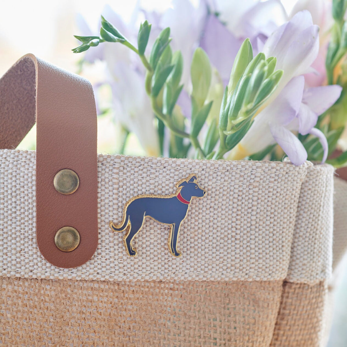 Lurcher enamel pin styled on Sweet William tote bag — gold-plated dog pin, perfect gift for dog lovers