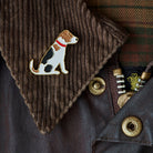 Jack Russell enamel pin styled on a corduroy jacket collar — gold-plated dog pin, perfect gift for dog lovers