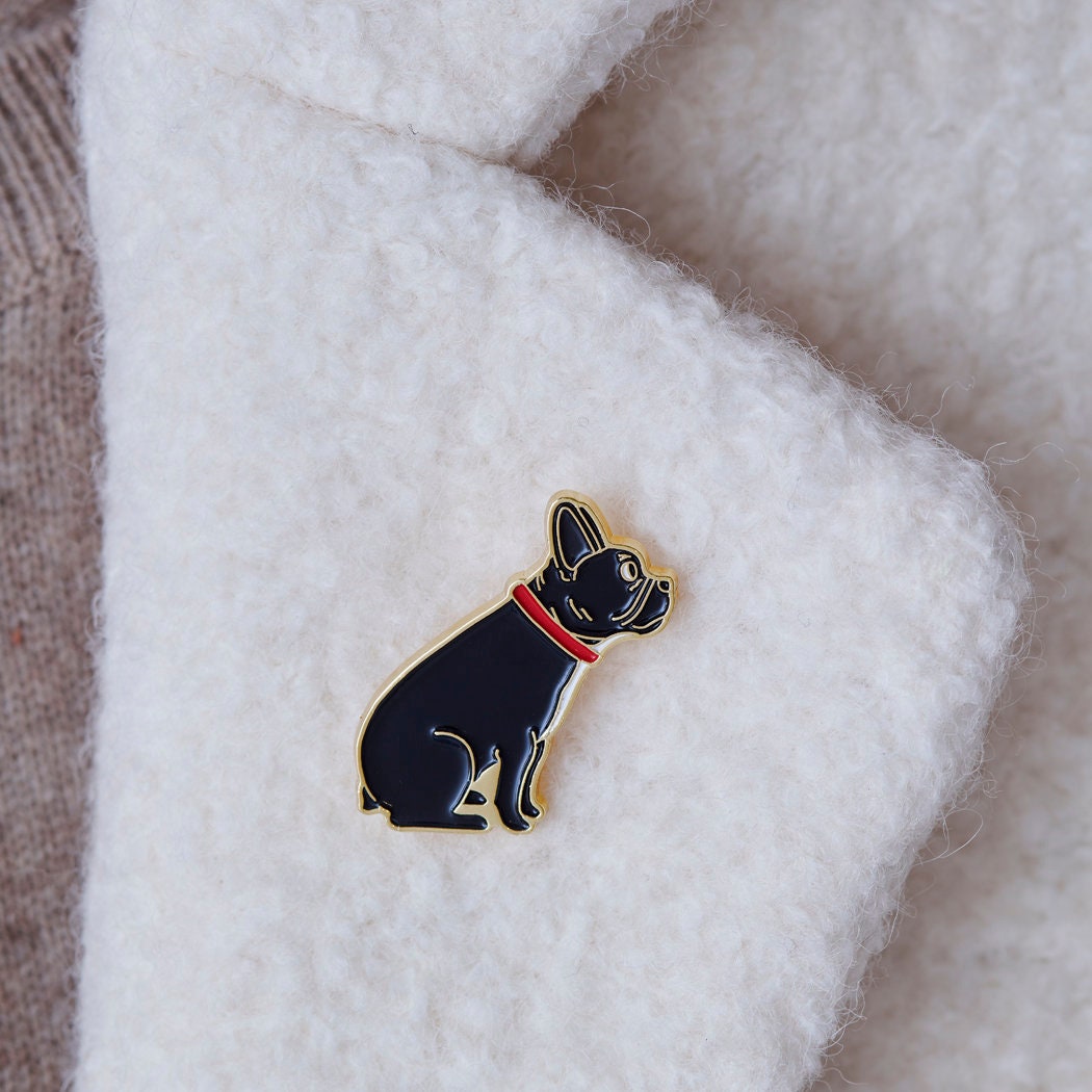 French Bulldog enamel pin styled on a wool jacket collar — gold-plated dog pin, perfect gift for dog lovers