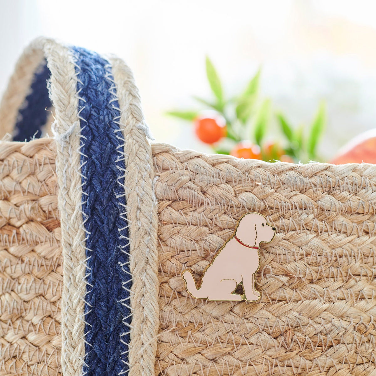 Apricot Cockapoo / Labradoodle enamel pin styled on a jute bag, a thoughtful gift for Apricot Cockapoo / Labradoodle lovers by Sweet William Designs