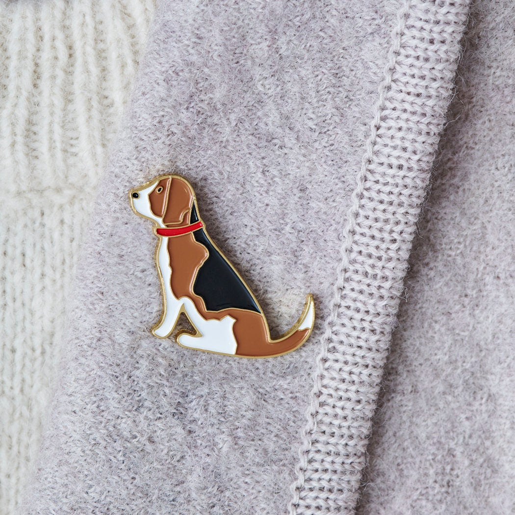 Beagle enamel pin worn on a wool jacket collar — gold-plated dog pin, perfect gift for dog lovers