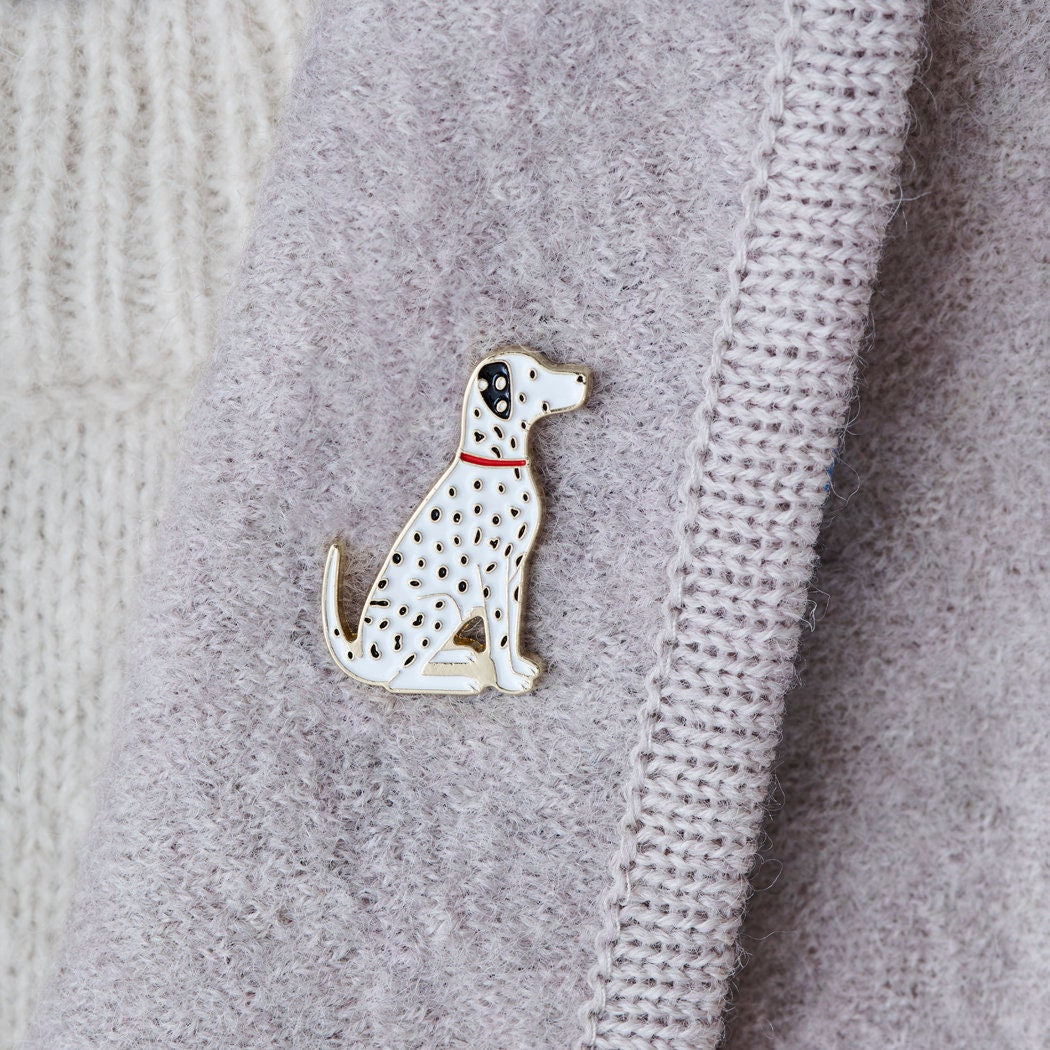Dalmatian enamel pin styled on a wool jacket collar — gold-plated dog pin, perfect gift for dog lovers