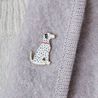 Dalmatian enamel pin styled on a wool jacket collar — gold-plated dog pin, perfect gift for dog lovers