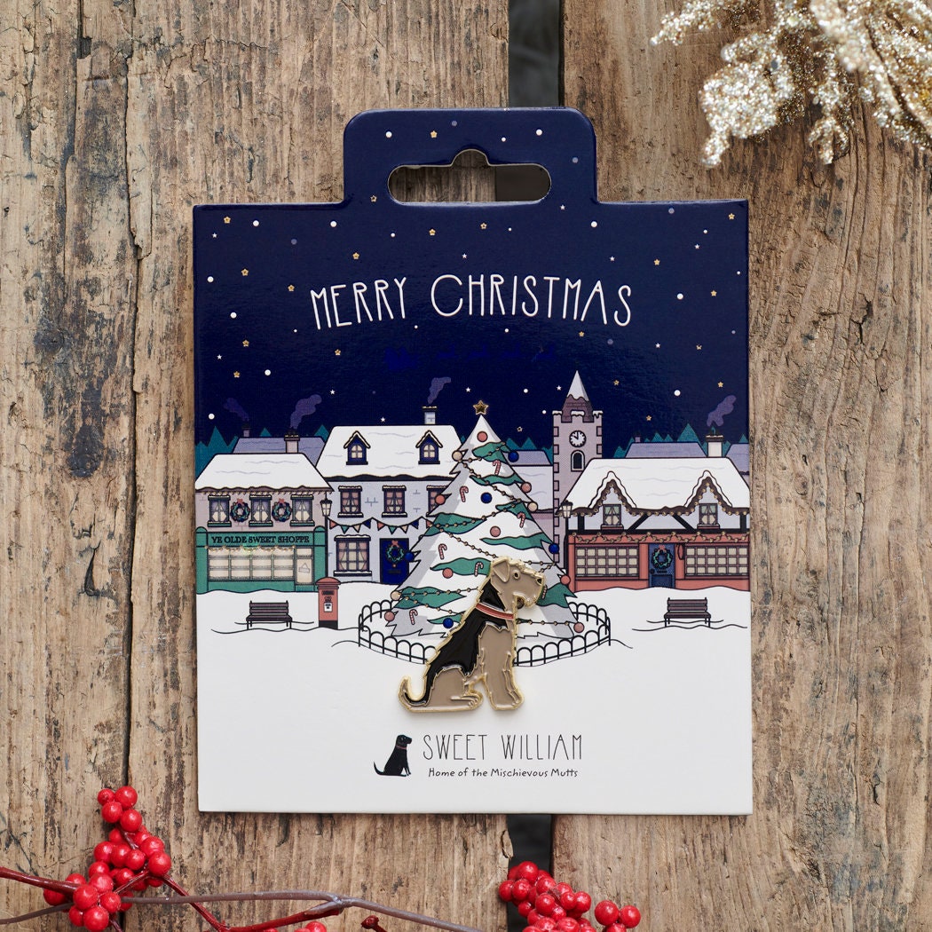 Airedale / Lakeland / Welsh Terrier Christmas dog pin on festive village backing card — gold-plated enamel dog lover gift by Sweet William Designs