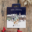 Cavalier King Charles Spaniel Christmas dog pin on festive village backing card — gold-plated enamel dog lover gift by Sweet William Designs