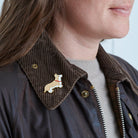 Corgi enamel pin worn on a wax jacket collar — gold-plated dog pin, Christmas gift for Corgi lovers