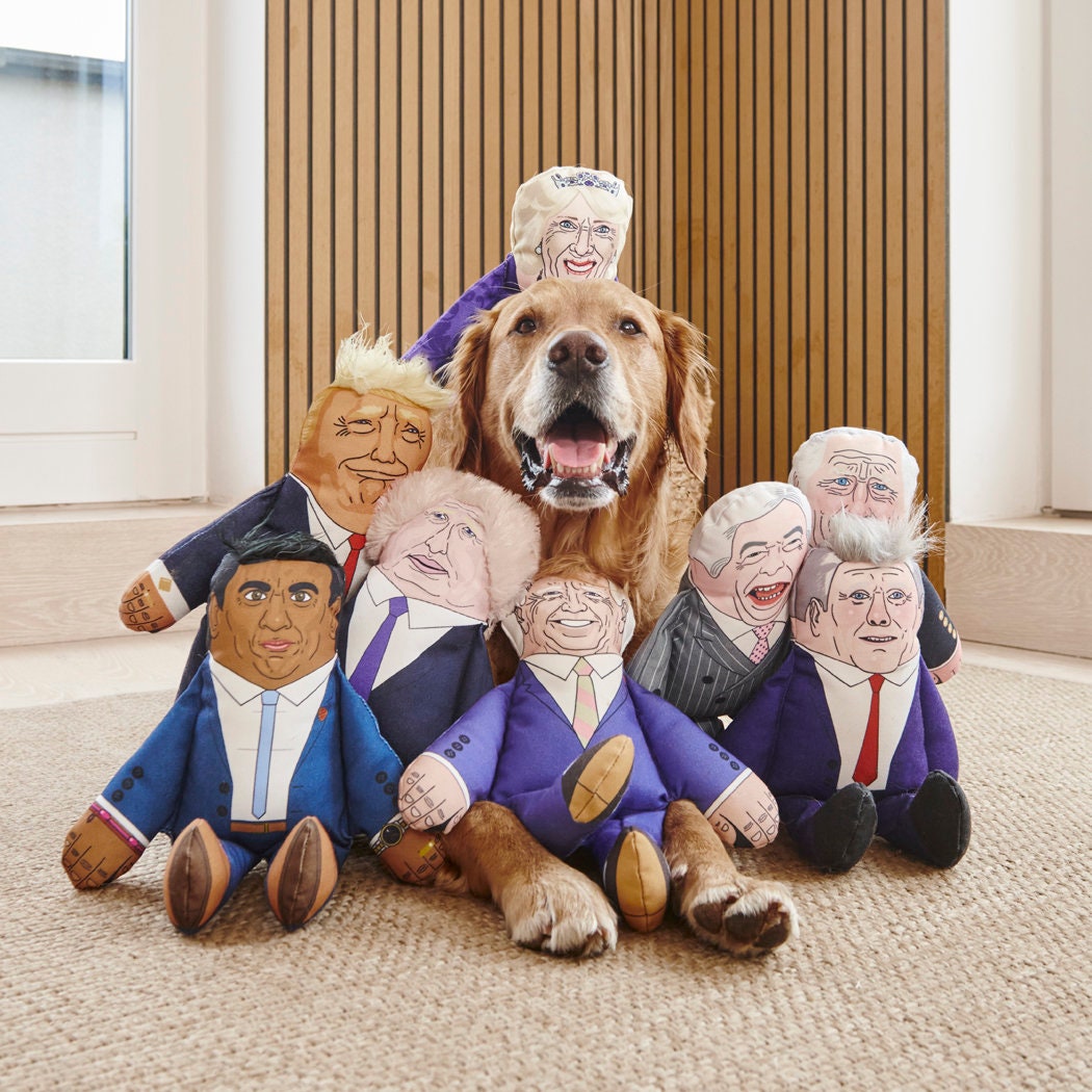 Golden Retriever surrounded by full range of political parody dog toys including Queen Camilla, Trump, Rishi and more — funny dog lover gifts