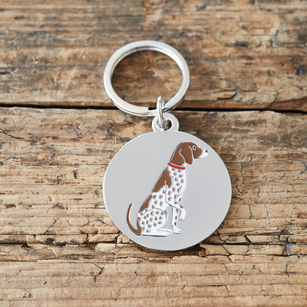 Close-up of German Shorthaired Pointer dog ID tag — silver-plated brass with illustrated Pointer design, personalised dog tag by Sweet William Designs