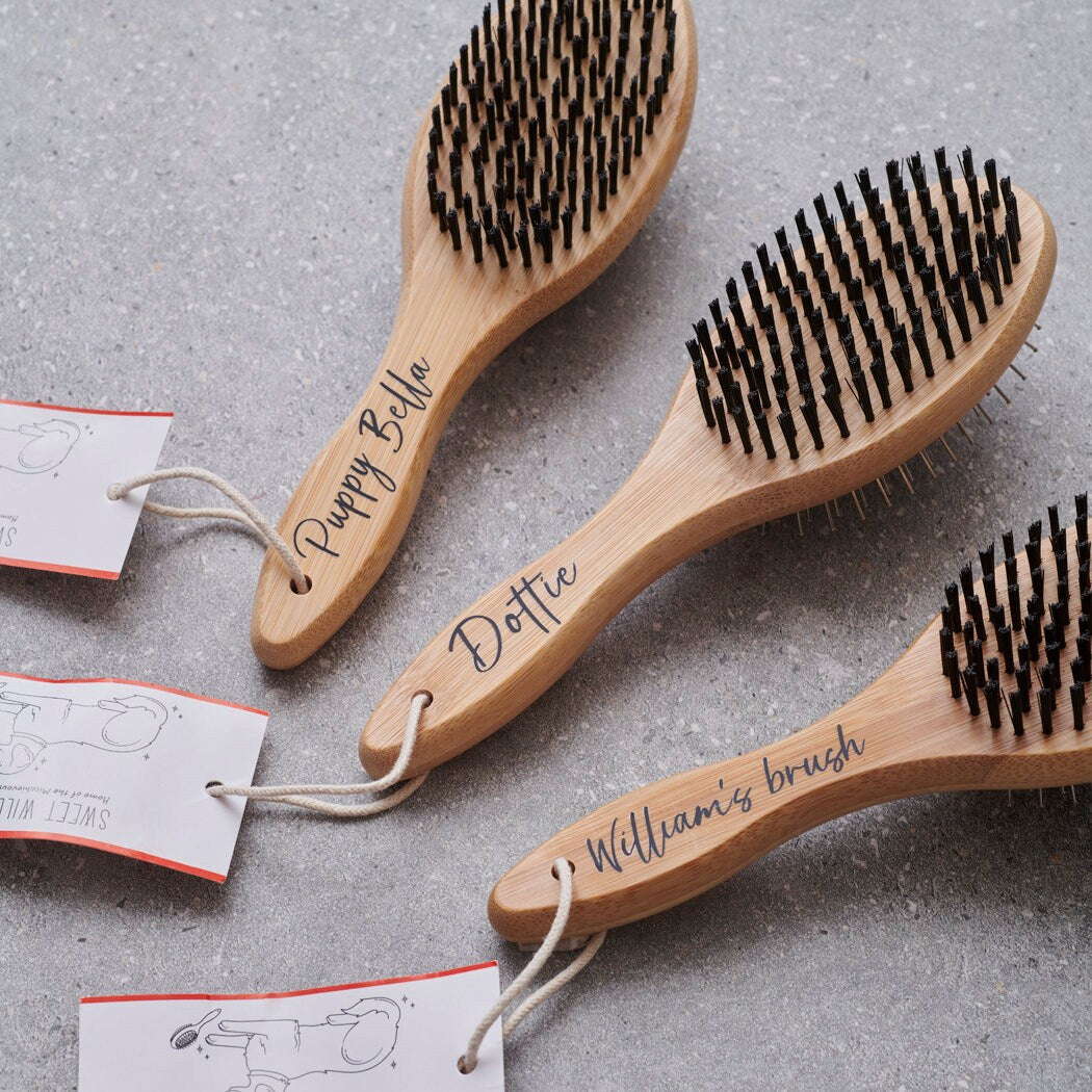 Three bamboo double sided dog brushes fanned out on grey stone — personalised with names, dog grooming gift by Sweet William Designs