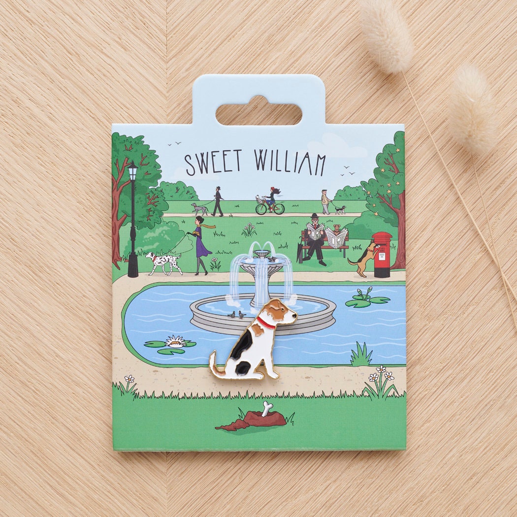Jack Russell enamel dog pin on Sweet William Designs park scene backing card — thoughtful gift for Jack Russell lovers