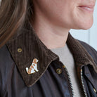 Cavalier King Charles Spaniel enamel pin worn on a corduroy jacket collar — gold-plated dog pin, perfect gift for dog lovers