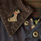 Close up of Border Terrier enamel pin attached to a corduroy jacket collar — gold-plated dog pin, perfect gift for dog lovers 