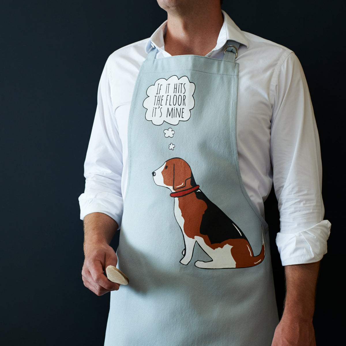 Beagle apron in organic cotton canvas with screen-printed “If it hits the floor it's mine” design — a gift for Beagle lovers by Sweet William Designs