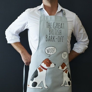 Jack Russell apron in organic cotton canvas with screen-printed “The Great British Bark-Off” design, featuring two Jack Russell dogs — a gift for Jack Russell lovers by Sweet William Designs