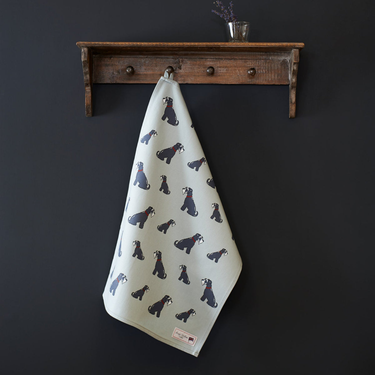 Grey Schnauzer tea towel in thick organic cotton — screen printed Grey Schnauzer illustration, kitchen gift for dog lovers by Sweet William Designs